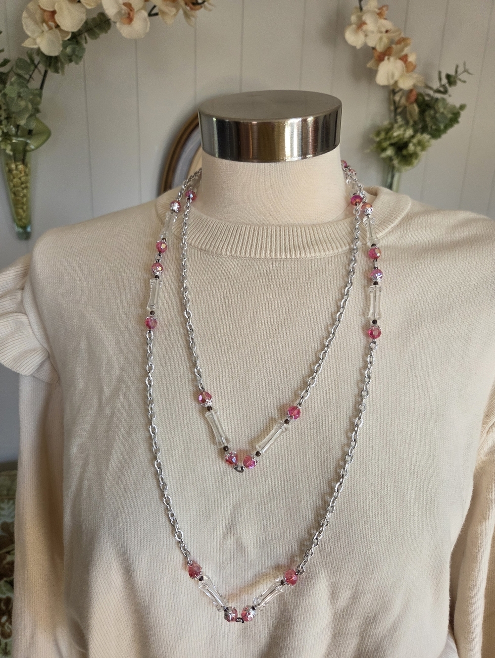 Vintage Handmade Silver-Tone Necklace with Pink Crystal Beads